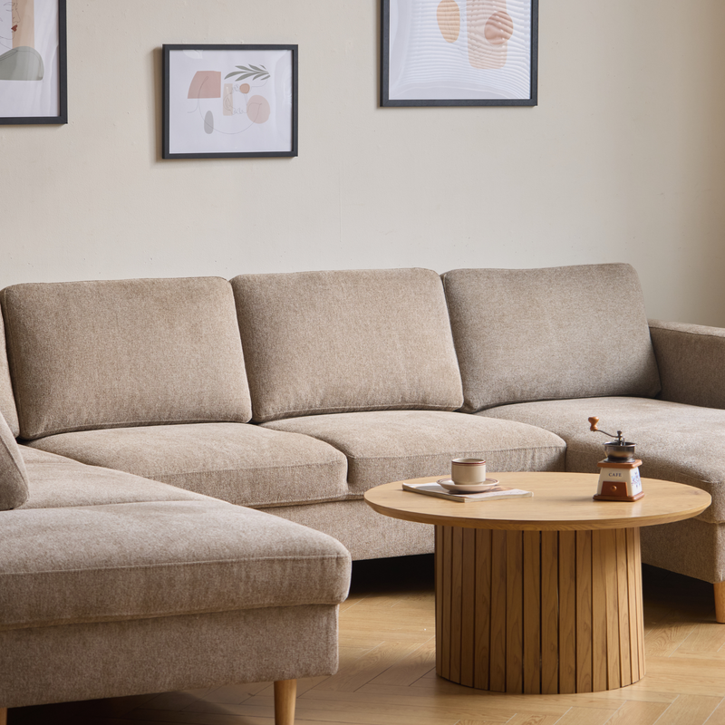 Jennifer rechtszijdige U-bank in zandkleur met chaise longue - L: 300 x D: 208 x H: 82 cm