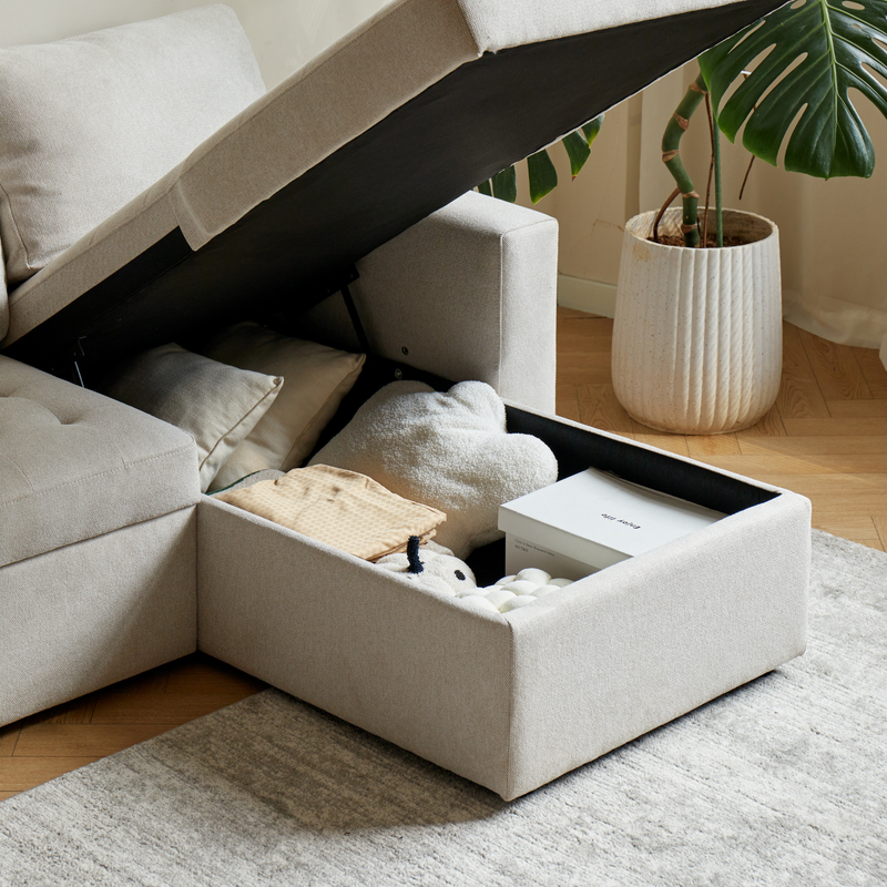Sinus beige omkeerbare slaapbank met chaise longue en opbergruimte