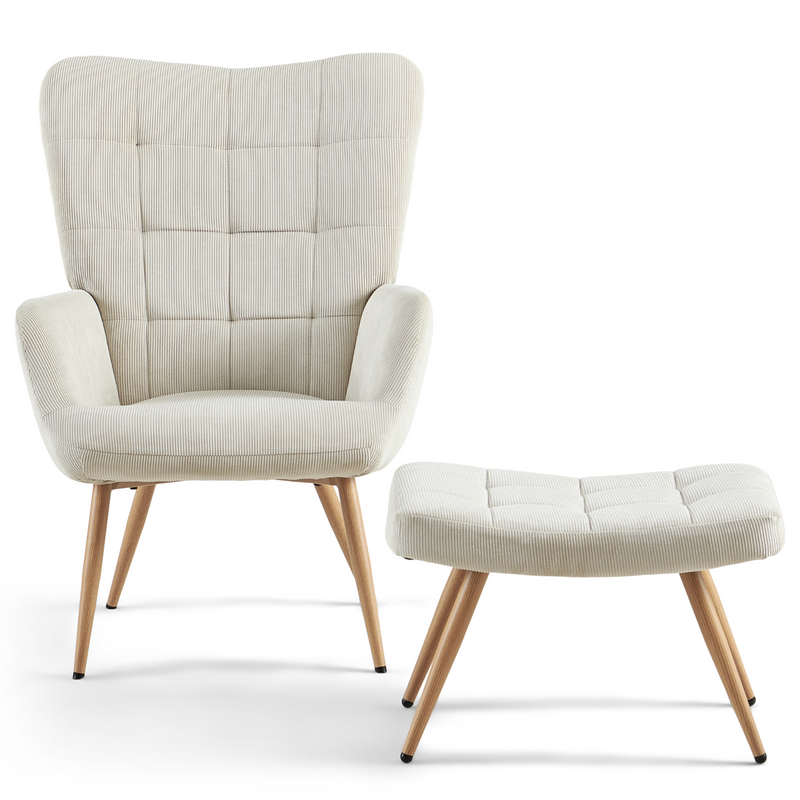 Allison Fauteuil met voetenbank - beige fluweel met eikenlook