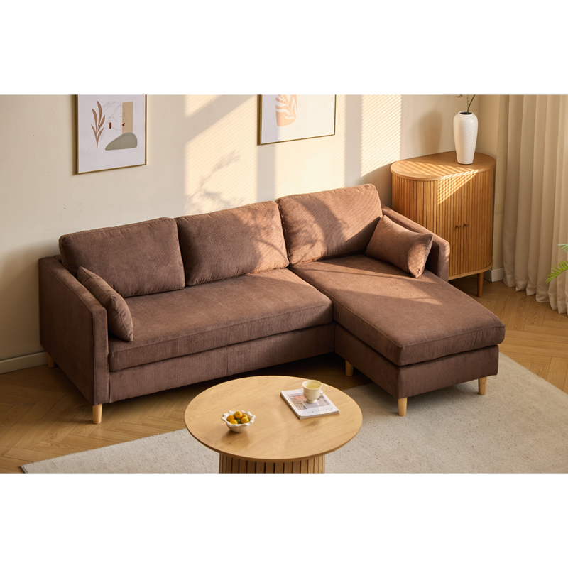 Ellis - Rechts- en linkszijdig omkeerbare chaise longue bank in bruin fluweel - L: 215 x D: 82 x H: 78 cm