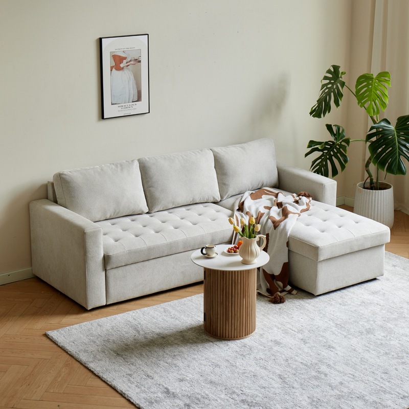 Sinus beige omkeerbare slaapbank met chaise longue en opbergruimte