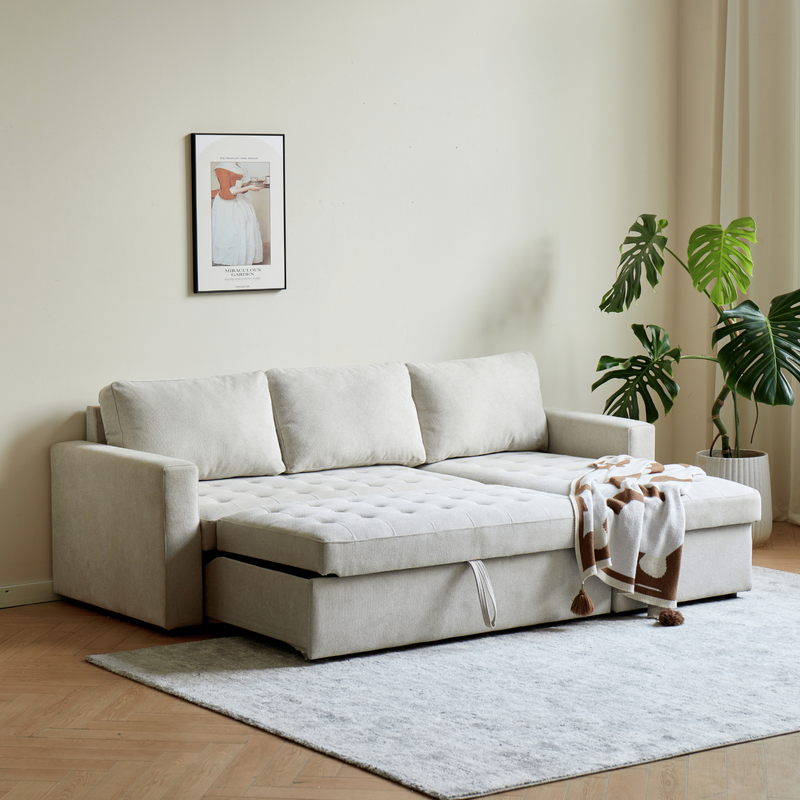 Sinus beige omkeerbare slaapbank met chaise longue en opbergruimte