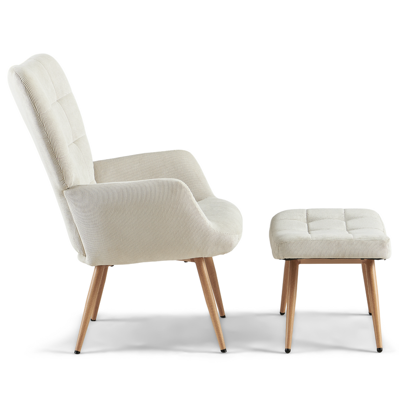 Allison Fauteuil met voetenbank - beige fluweel met eikenlook