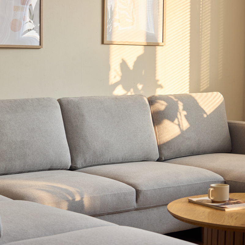 Jennifer rechtszijdige U-bank in lichtgrijs met chaise longue - L: 300 x D: 208 x H: 82 cm