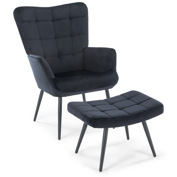 Alfred Fauteuil met voetenbank - Zwart Velours