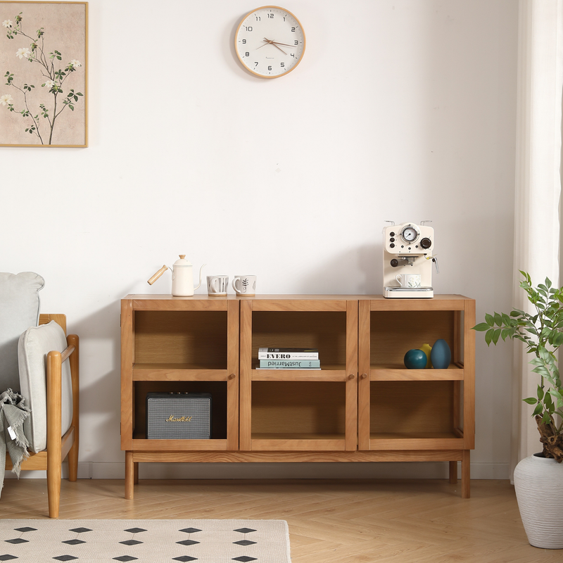 Havana eikenhouten glazen dressoir/vitrinekast met 3 deuren - 80x40x140 cm