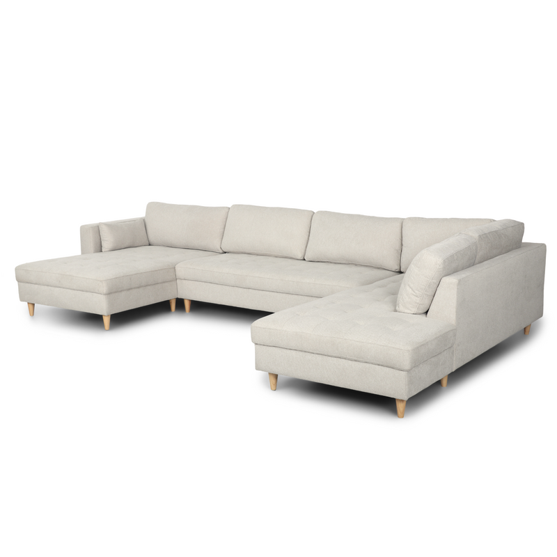 Brandy - Linkshoekige U-bank in beige met chaise longue - L: 360 x D: 211 x H: 78 cm