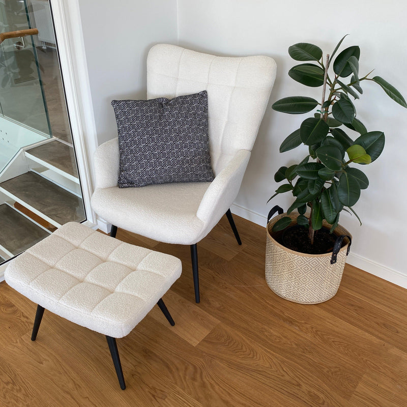 Allison Fauteuil met Voetenbank - witte pluche/naboots schapenvacht