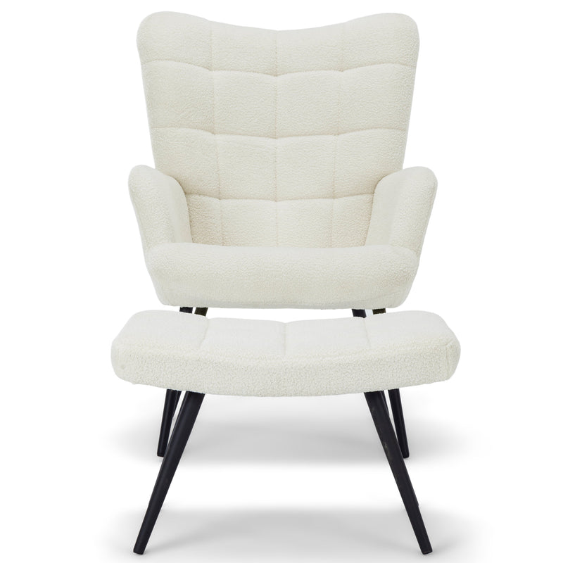 Allison Fauteuil met Voetenbank - witte pluche/naboots schapenvacht