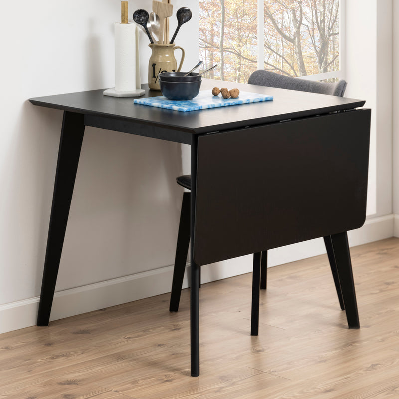 Rickie - Zwart Eiken uitklapbare eettafel met verlengblad in gelakt eikenfineer - 80/120 x 80 cm.