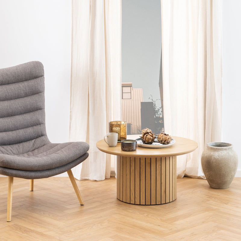 Milas ronde lamellen salontafel - Ø80 cm - Natuurlijk eiken met kolompoot